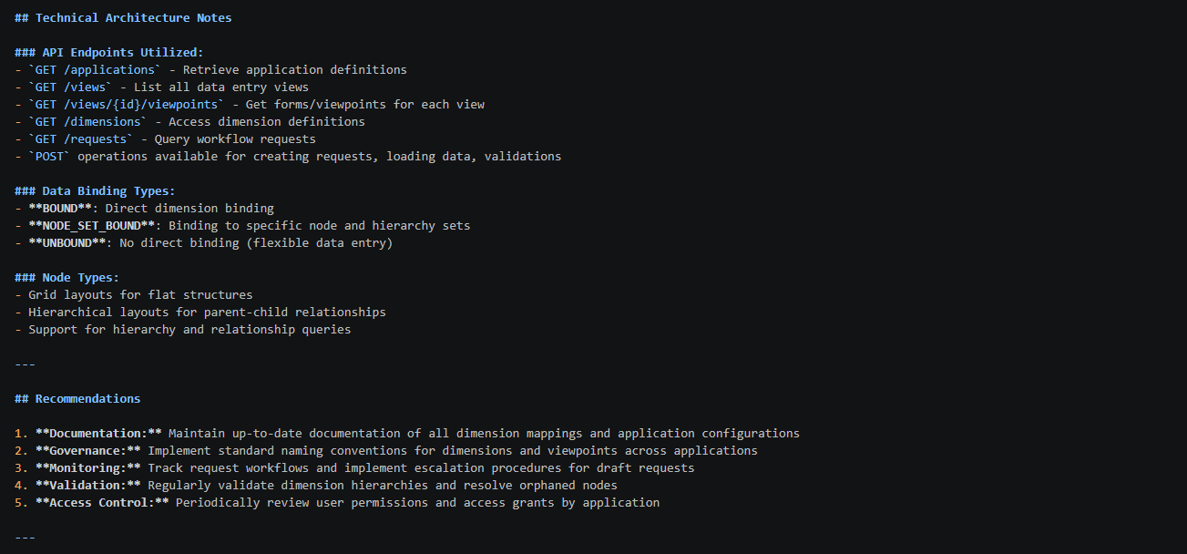 Agent's own technical architecture notes listing the API endpoints, binding types, and node types it discovered