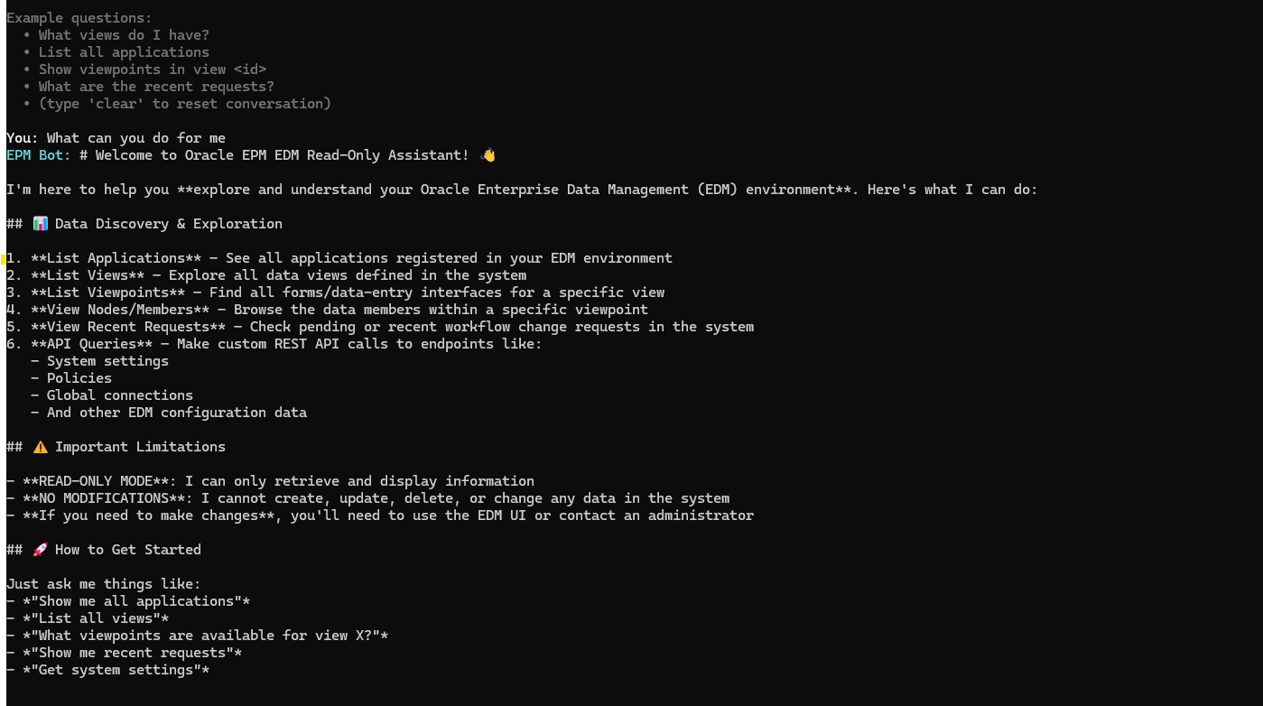 Chatbot explaining its own capabilities and read-only limitations when asked