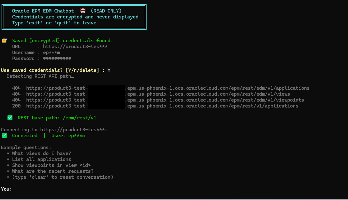 Chatbot startup showing masked saved credentials and automatic REST path discovery