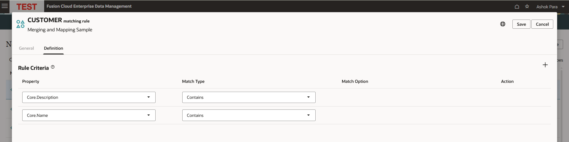A matching rule's Definition tab — the Rule Criteria grid where each row pairs a Property with a Match Type (and an optional Match Option). Here the CUSTOMER rule matches on Core.Description and Core.Name, both using the Contains operator; extra rows are added with the + control.