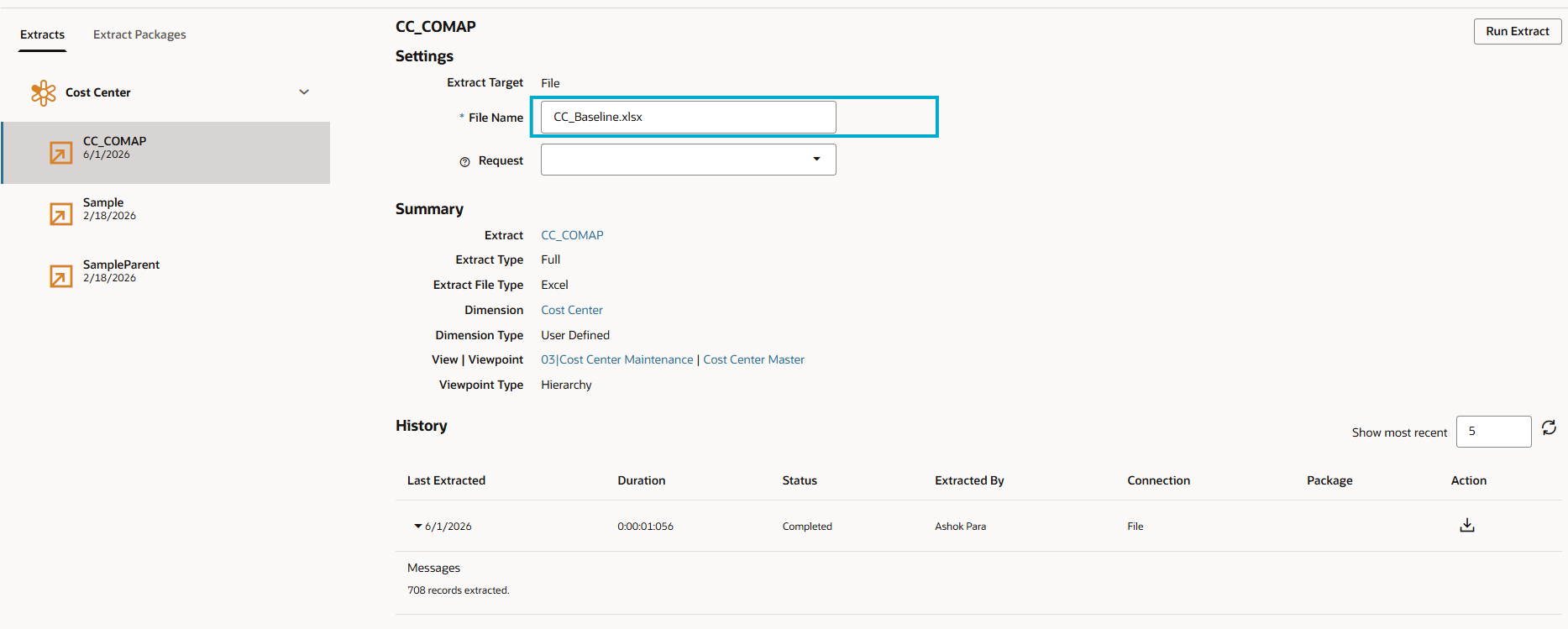 Oracle EDM CC_COMAP extract configured to output CC_Baseline.xlsx