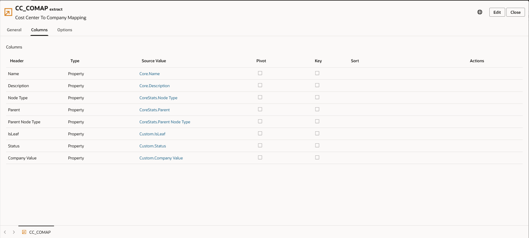 CC_COMAP extract Columns tab showing dimension property mappings