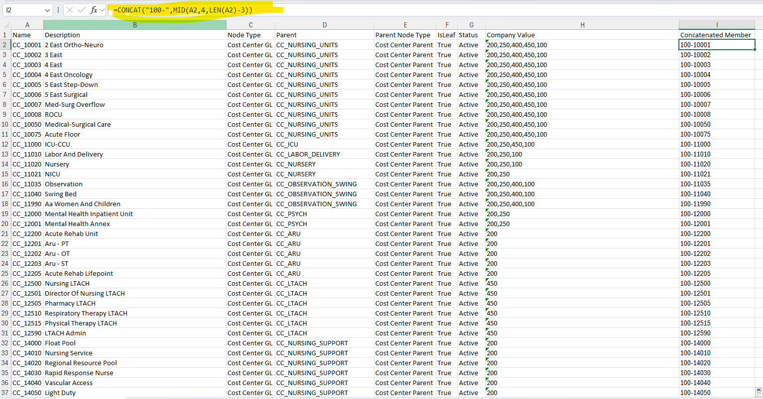 Manual Excel CONCAT formula approach with MID/LEN helper columns