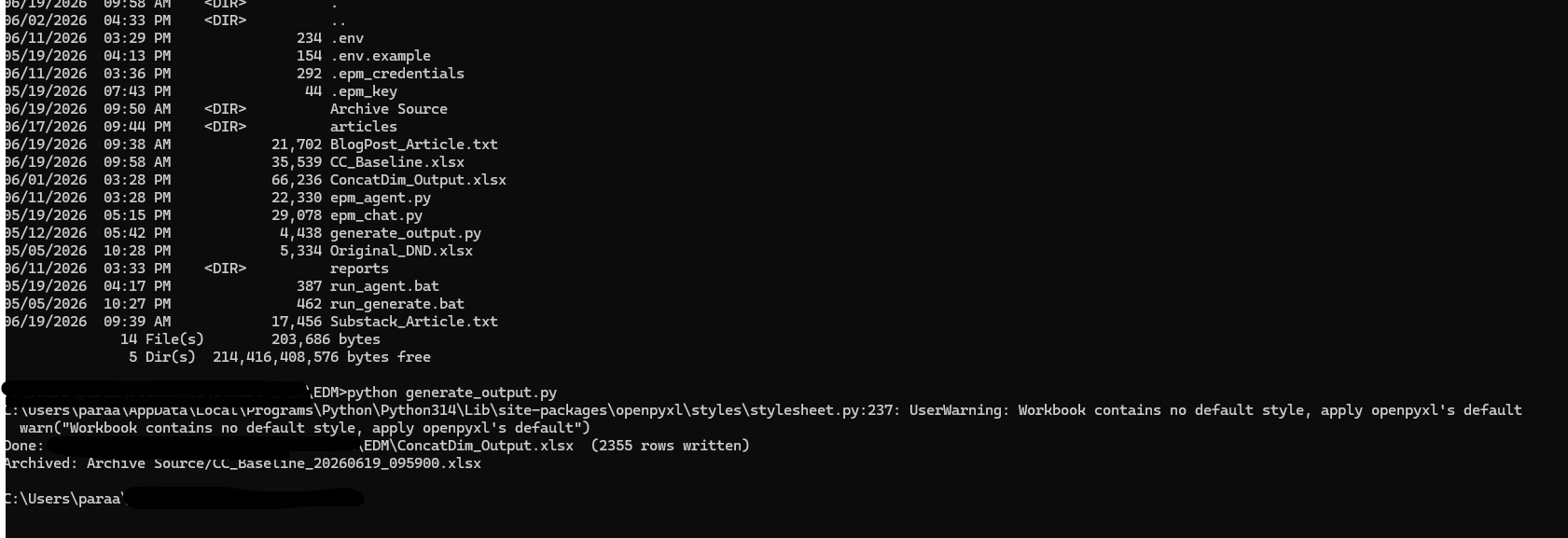 Terminal output showing 2355 rows written and archive confirmation
