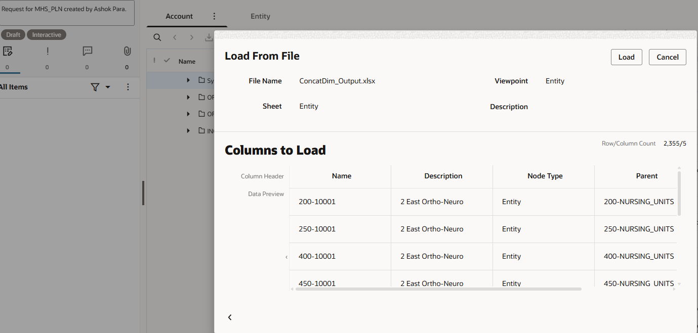Oracle EDM Load From File dialog with ConcatDim_Output.xlsx